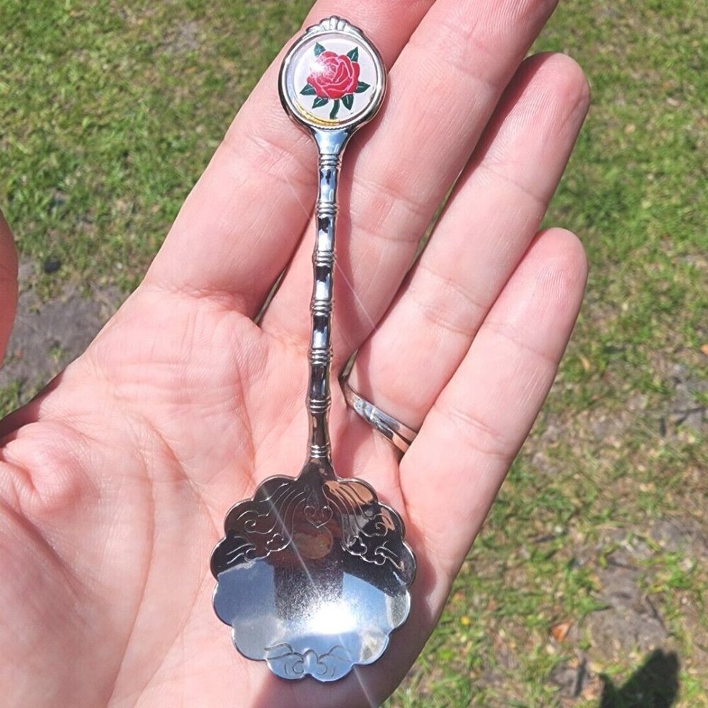 Vintage Scalloped Spoon Red rose Miniature Collectible spoon "RARE Scalloped"